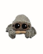 Close-up view of Lucas the spider plush toy, a soft, gray stuffed spider with large eyes.