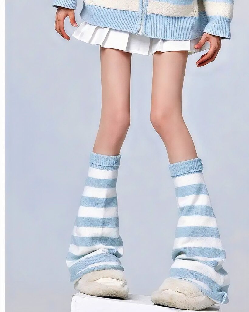 Light blue and white striped gyaru socks, showcasing a Harajuku aesthetic.