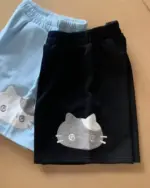 Black and blue japanese striped loungewear shorts with cat face embroidery.