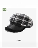 Black Retro Plaid Beret, French aesthetic beret featuring a plaid wool design and faux fur ear flaps.