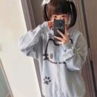 Cute Neko Print Gray Hoodie - Harajuku Aesthetic word1