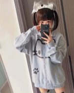 Cute Neko print hoodie featuring a cat head and paw, gray color.