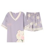 Purple kawaii bear pajamas set: a v-neck top and shorts with cute bear illustrations.