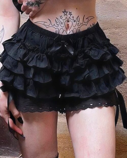 Black puffy gothic coquette skirt with ruffles and lace trim.
