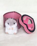 Kawaii chibi hamster plushie with a pink gift box and keychain.