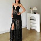 Black gothic aesthetic dress with sheer lace and a slit, featuring a deep V-neckline and spaghetti straps.