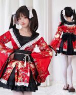 Kawaii fox kimono featuring a Japanese Lolita aesthetic, red floral print, and lace details.