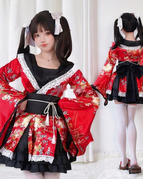 Kawaii fox kimono featuring a Japanese Lolita aesthetic, red floral print, and lace details.