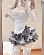 Y2K Lolita Set featuring a long sleeve top and layered gray skirt with lace trim, paired with white thigh-high socks.