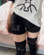 Cute Cotton Black Shorts - kaomoji aesthetic shorts with kawaii face print.