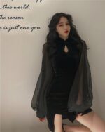 Black korean aesthetic dress with sheer sleeves and a high neck detail.