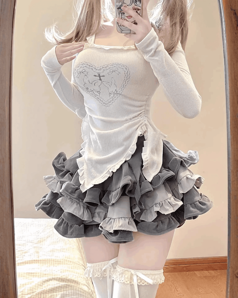 Cream-colored long-sleeve top and gray ruffled skirt - y2k lolita set