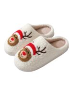 Pair of christmas plushy slippers featuring reindeer design and faux fur lining.