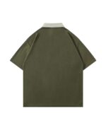 Olive green short-sleeved cat graphic tee back view. Casual cat graphic tee.