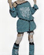 A punk lolita set featuring a striped long-sleeve top, mesh stockings, and lace accessories.