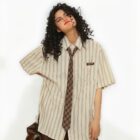 Vintage Striped Short Sleeve Shirt - Preppy Aesthetic word1