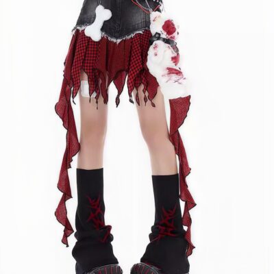 Punk-Style Plaid Denim Skirt - Y2K Aesthetic