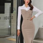 Elegant Fashion Hip Dress - Korean Aesthetic, beige midi dress with white shirt, woman's outfit.