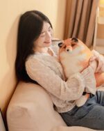 Kawaii realistic chonky fox plushie held by a woman, soft and cuddly toy.