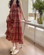 Red and white plaid french vintage suspender skirt, layered dress style.