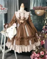 Plus size hime lolita dress featuring ruffles, lace, and a teddy bear accent.