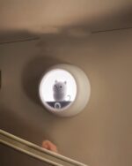 Kawaii cat lamp illuminating a white cat figure, body-activated night light on a wall.