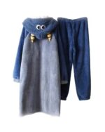 Blue fluffy kawaii animal pajamas with a hood and large eyes. Comfortable winter clothes.