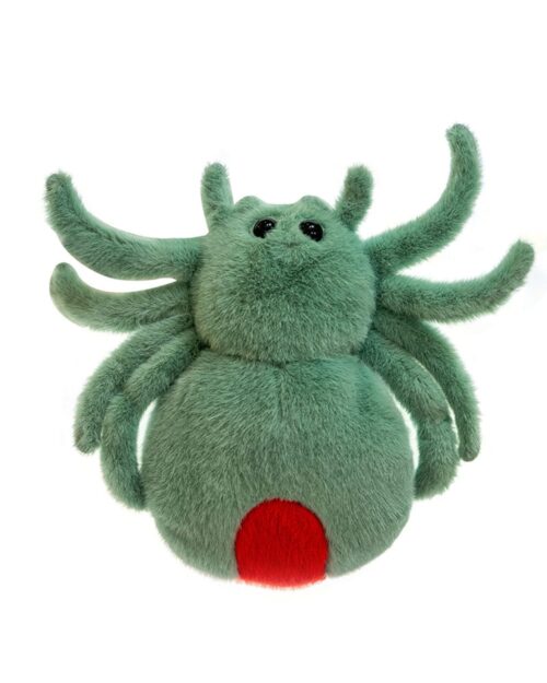 Spooky cute spider plush, a soft green plush toy with red details.