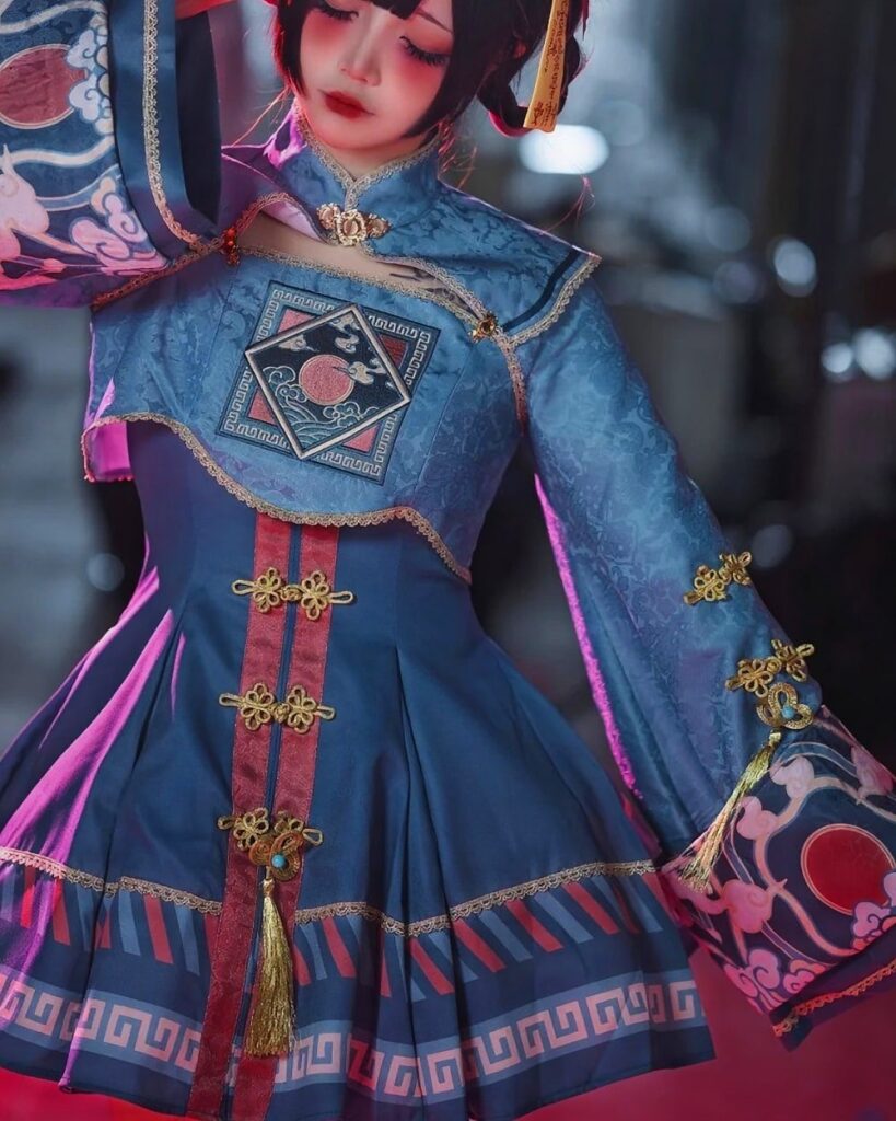 Detailed Jiangshi Lolita Costume with intricate embroidery, lace, and tassels, perfect for Halloween or cosplay.