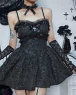 Dark Rose Lace Sling Dress - Gothic Aesthetic showcasing intricate lace detailing and a ruffled bodice.