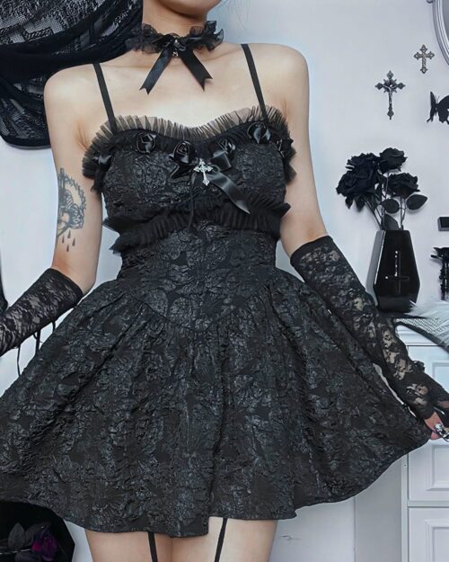 Dark Rose Lace Sling Dress - Gothic Aesthetic