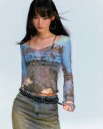 Oil Paint Mesh Print Top - Artsy Aesthetic, featuring a watercolor landscape print.