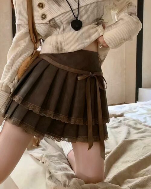 Brown Laced Pleated Skirt - Korean aesthetic skirt, featuring ruffles and a tie waist.