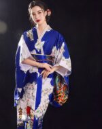 Blue and white satin japanese kimono with floral design, Japanese style.