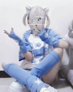 Sky Blue Gaming Tee - Harajuku Aesthetic, featuring a gamer girl shirt with pixelated block design and ear accessories.