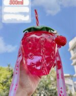 Kawaii strawberry water bottle with straw, 500ml capacity.