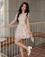 Floral pink dress with floral print, cottagecore aesthetic, tulle skirt.