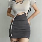 Gray tied coquette aesthetic dress with sheer top and thigh-high stockings.