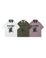 Three Short-sleeved Cat T-shirt - Kawaii Clothes with a cute cat graphic design in white, green, and pink.