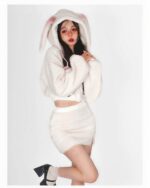 White bunny hooded plush pajamas set featuring a cropped top and mini skirt.