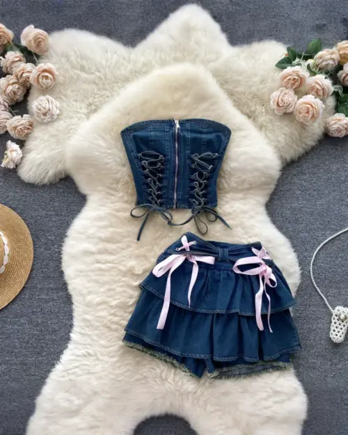 Two-piece Coquette Denim Set - Y2K Aesthetic