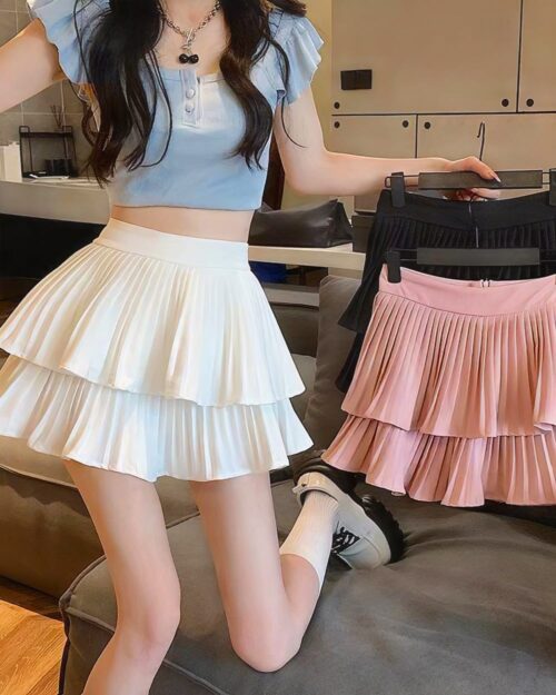 White and pink coquette aesthetic skirt layered pleats, Korean style fashion.