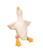 Giant goose plush toy, soft and fluffy with wings and feet.
