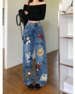 Retro Style Cute Graffiti Jeans - Y2K aesthetic featuring colorful character illustrations.