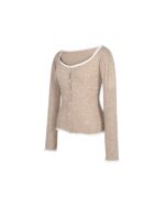 Neutral beige vintage aesthetic cardigan with white trim and button details.