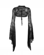 Black lace gothic aesthetic top with bell sleeves and tie closure, sheer design.