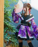 Purple floral harajuku aesthetic kimono with lace trim and obi belt.