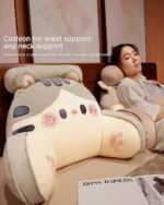 Kawaii cat plushie cushion, soft and plush lumbar support decoration.