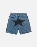 Blue denim y2k star shorts with a black star patch. Loose fit.