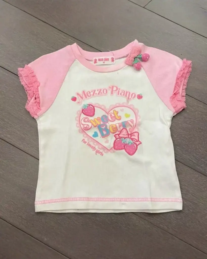 Jojifuku aesthetic t-shirt featuring 'Sweet Berry Mezzo Piano' design with strawberries.